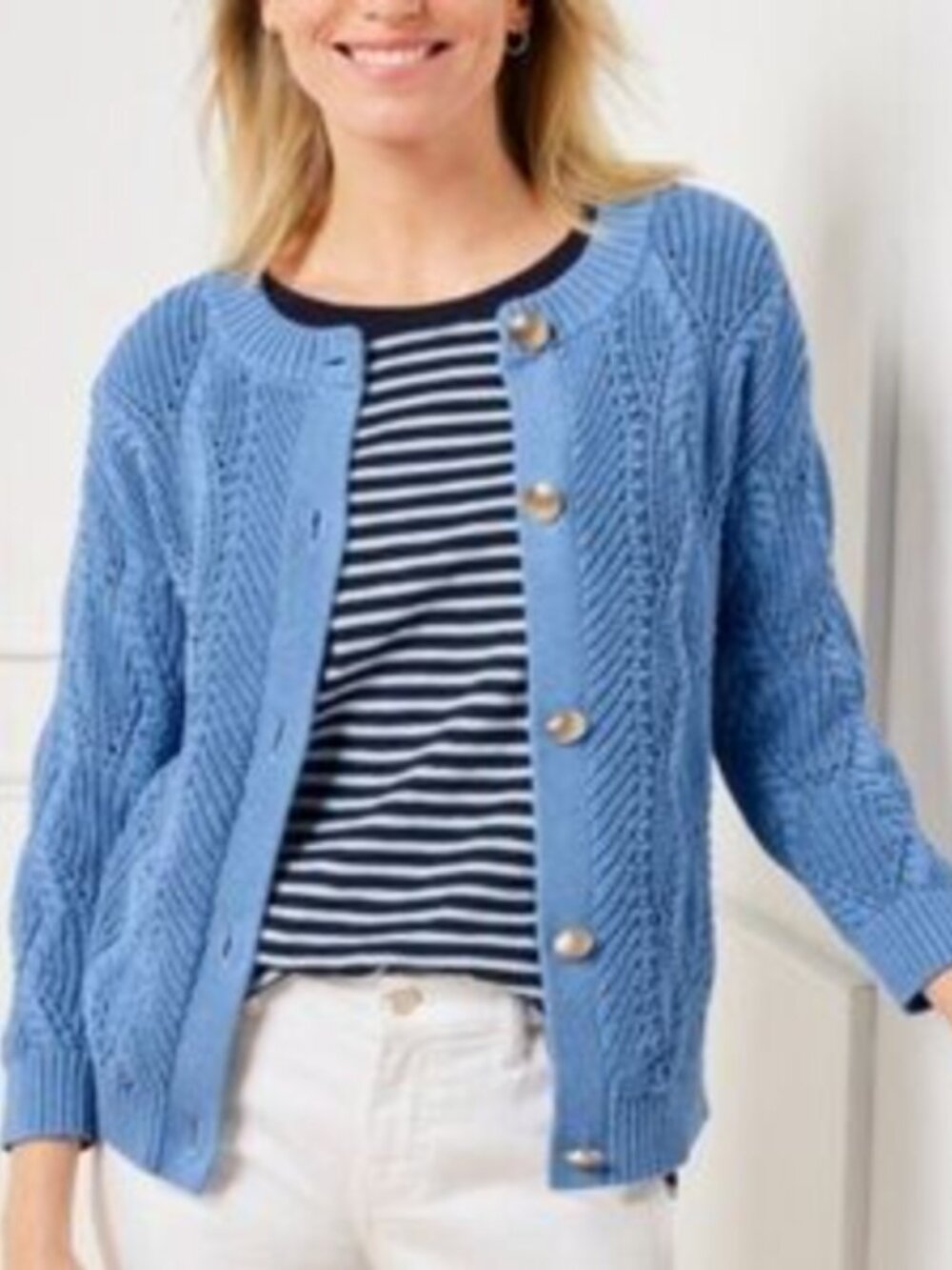Talbots Plus Cardigan Womens 1X Blue Gold Big Buttons Chunky Knit Cotton Preppy